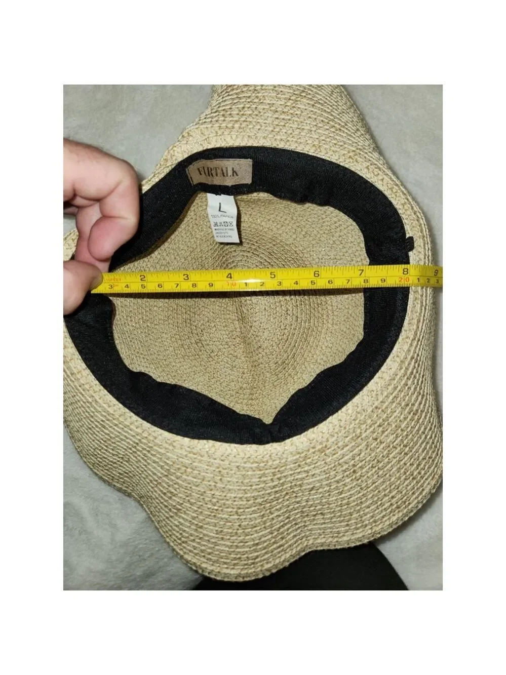 FURTALK Beige Straw Hat Size L Woven Black Ribbon